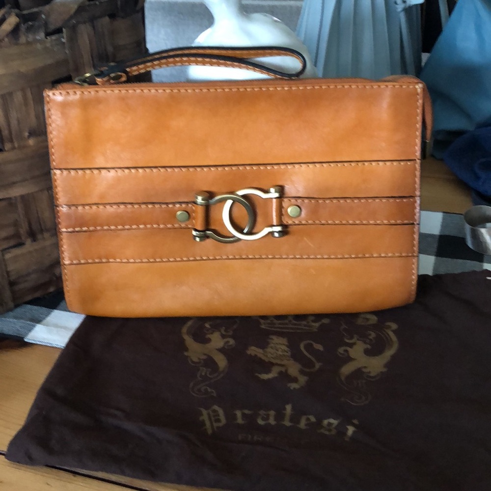 Pratesi Tan Leather Wristlet Clutch with Metal Accent